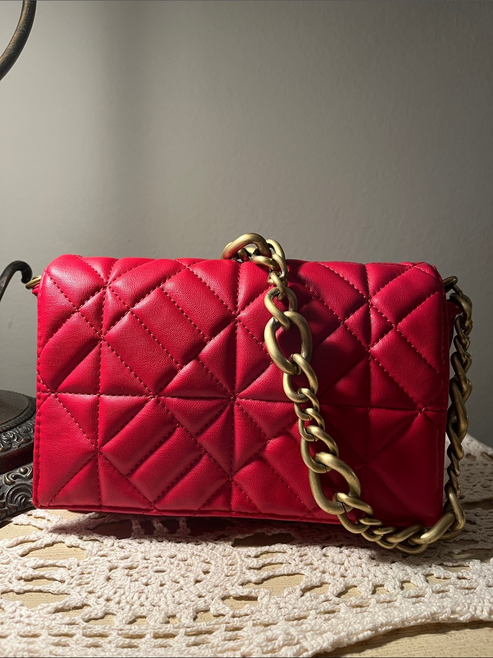 ALCOTT Red Quilted Shoulder Crossbody Bag with Gold Hardware